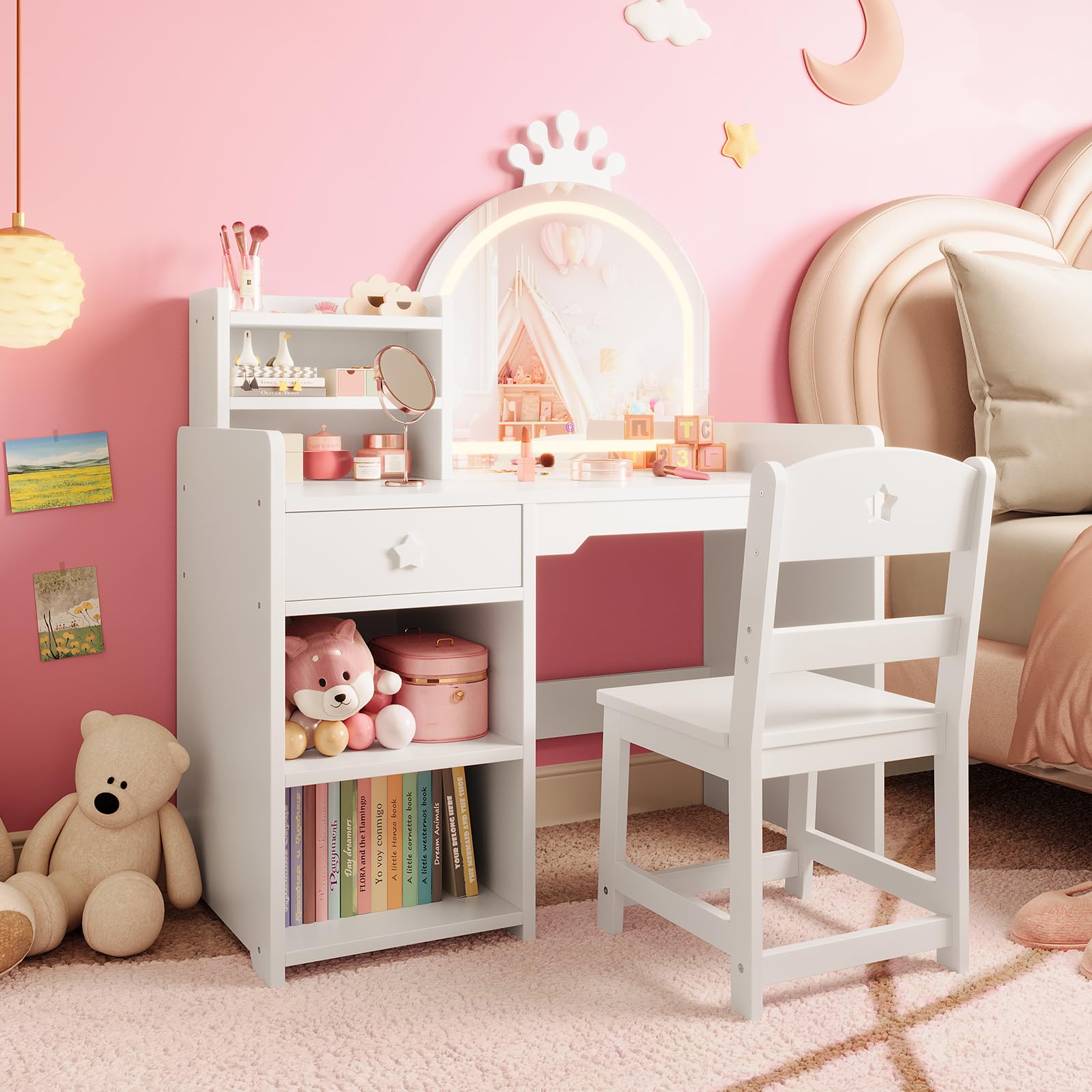 Dressing Table Vanity With Lighted Mirror - Set Meja Rias & Kursi Anak