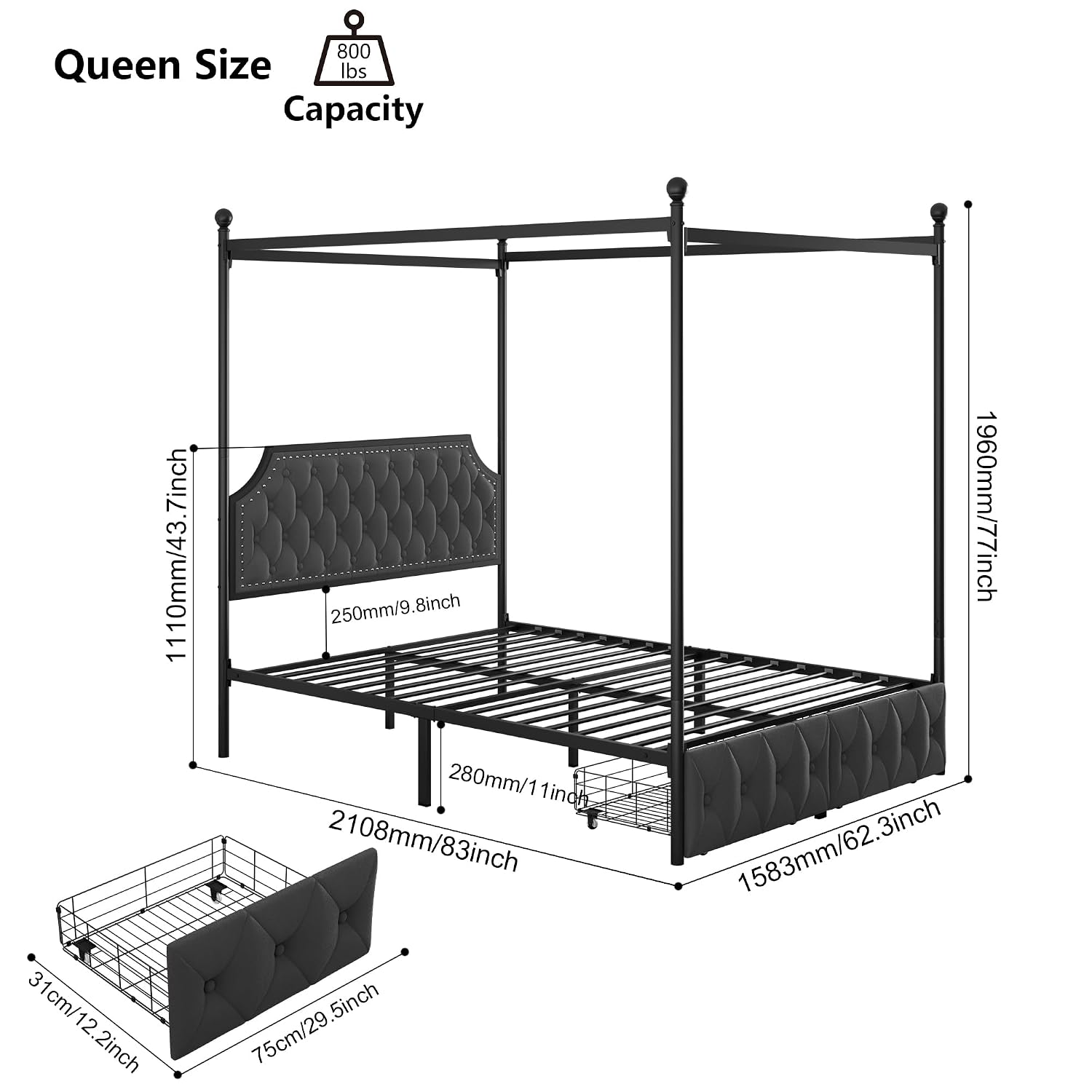 Canopy Bed Frame Metal Queen - Rangka Tempat Tidur Model Kanopi dengan