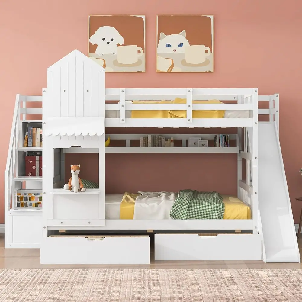Bunk Bed With Stairs And Slide - Tempat Tidur Tingkat Anak Warna Putih