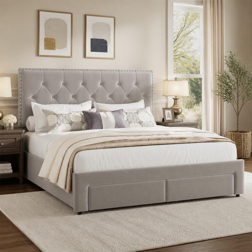 King Size Bed Frame With Storage Drawers - Rangka Tempat Tidur Ukuran King dengan